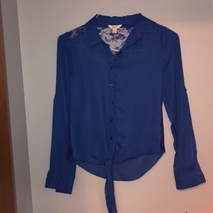 Blue sheer button up with lace details